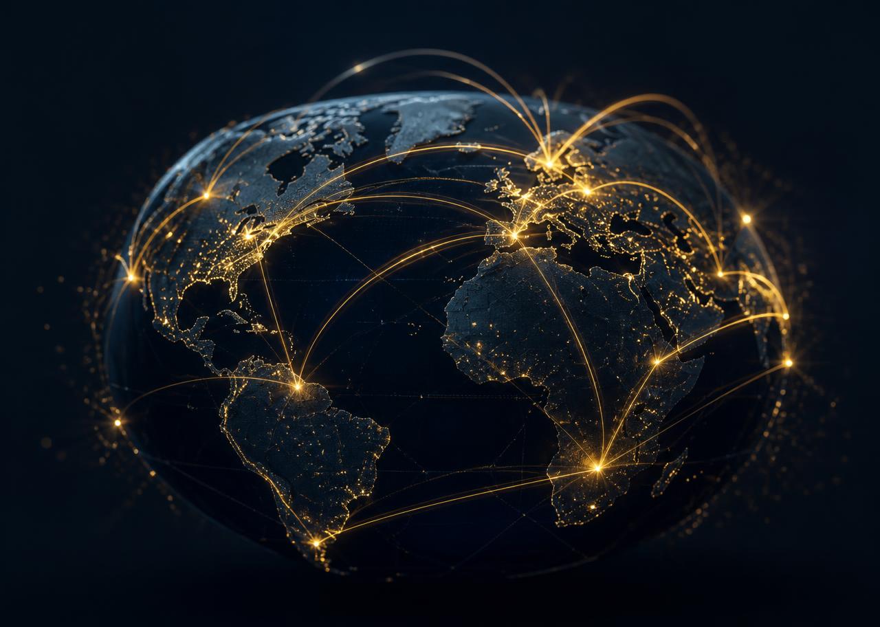 Globe with glowing gold trade corridors