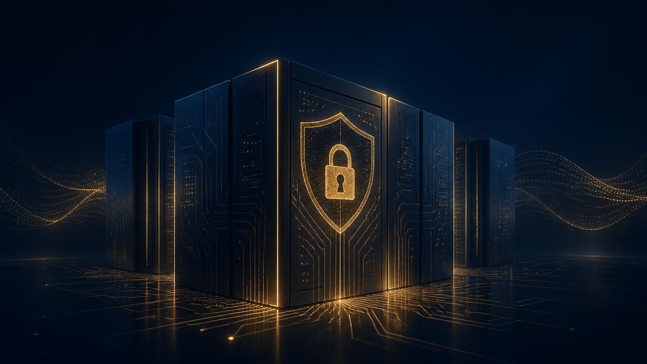 Secure financial infrastructure core with gold shield and encryption traces