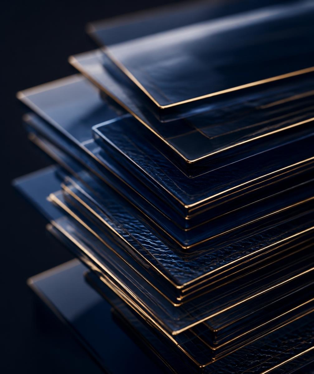 Layered navy glass plates with gold edges